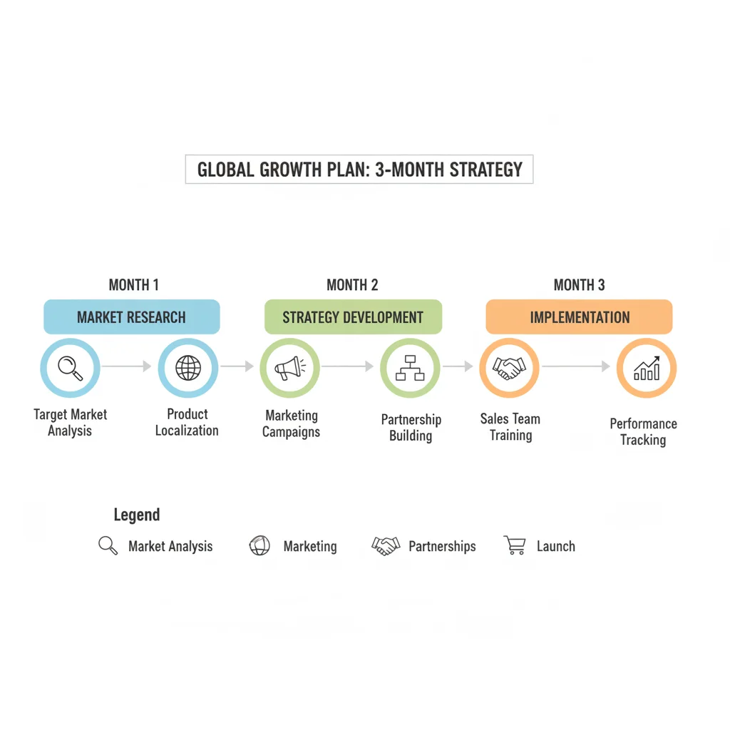 Timeline graphic illustrating a 3-month business growth plan with key milestones.