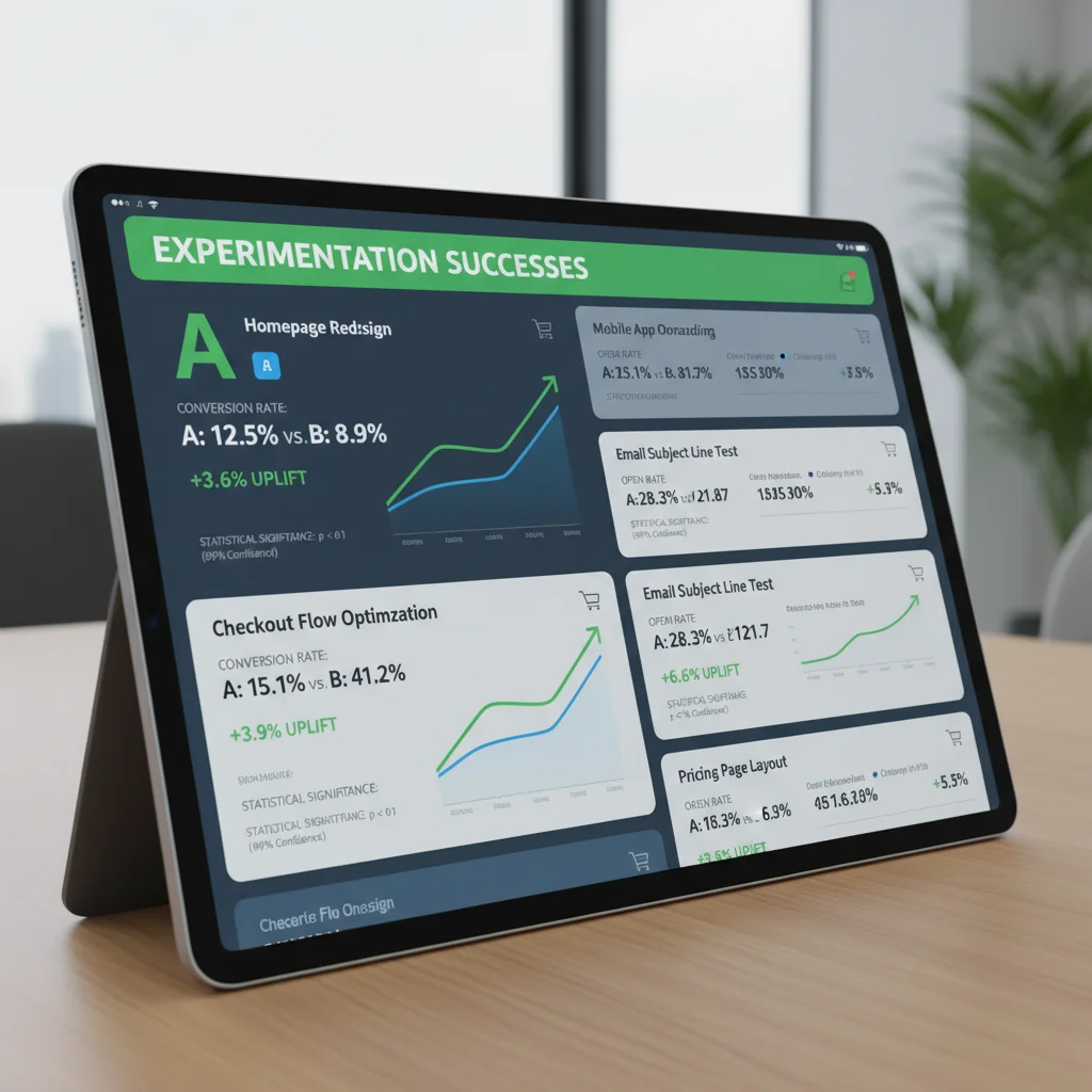 Dashboard showing positive A/B test results, conversion rates, and significant uplift metrics.