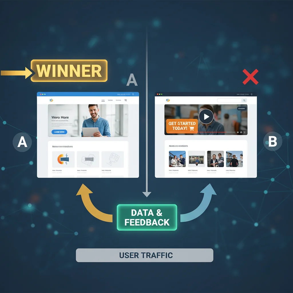 A/B testing comparison of two website designs with a clear winner indicated, demonstrating optimization.