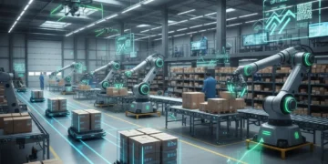Advanced robots efficiently operating in a US logistics warehouse, symbolizing cost reduction and automation.