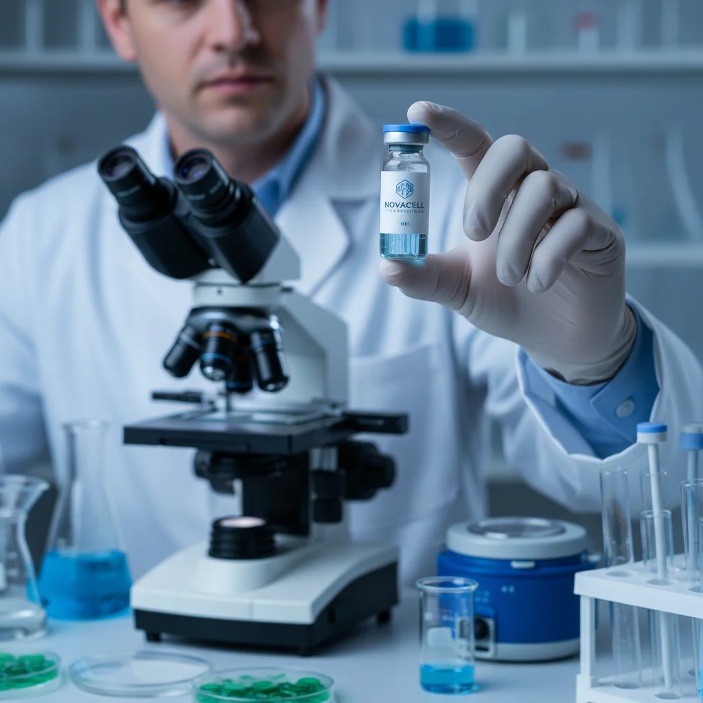 Researcher holding a vial of advanced therapeutic developed through synthetic biology.