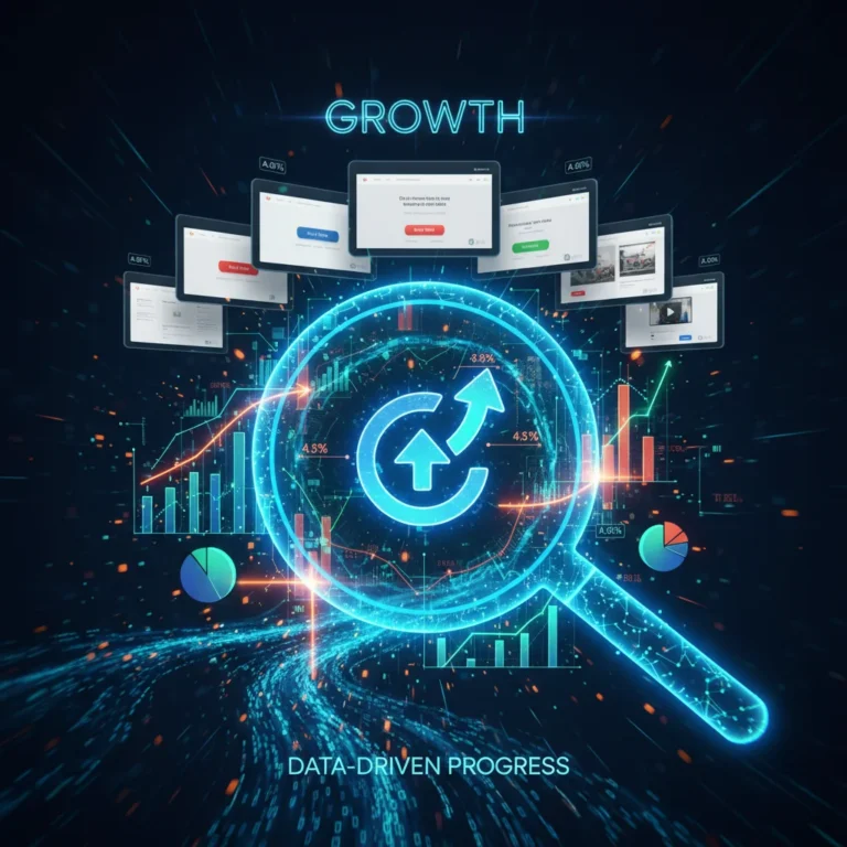 Charts, graphs, and a magnifying glass symbolizing agile A/B testing and conversion rate optimization.