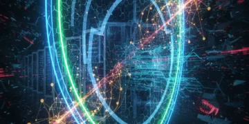 Futuristic digital shield protecting enterprise network from AI cyber threats.