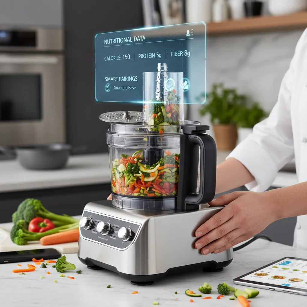 AI food processor preparing ingredients with holographic display.