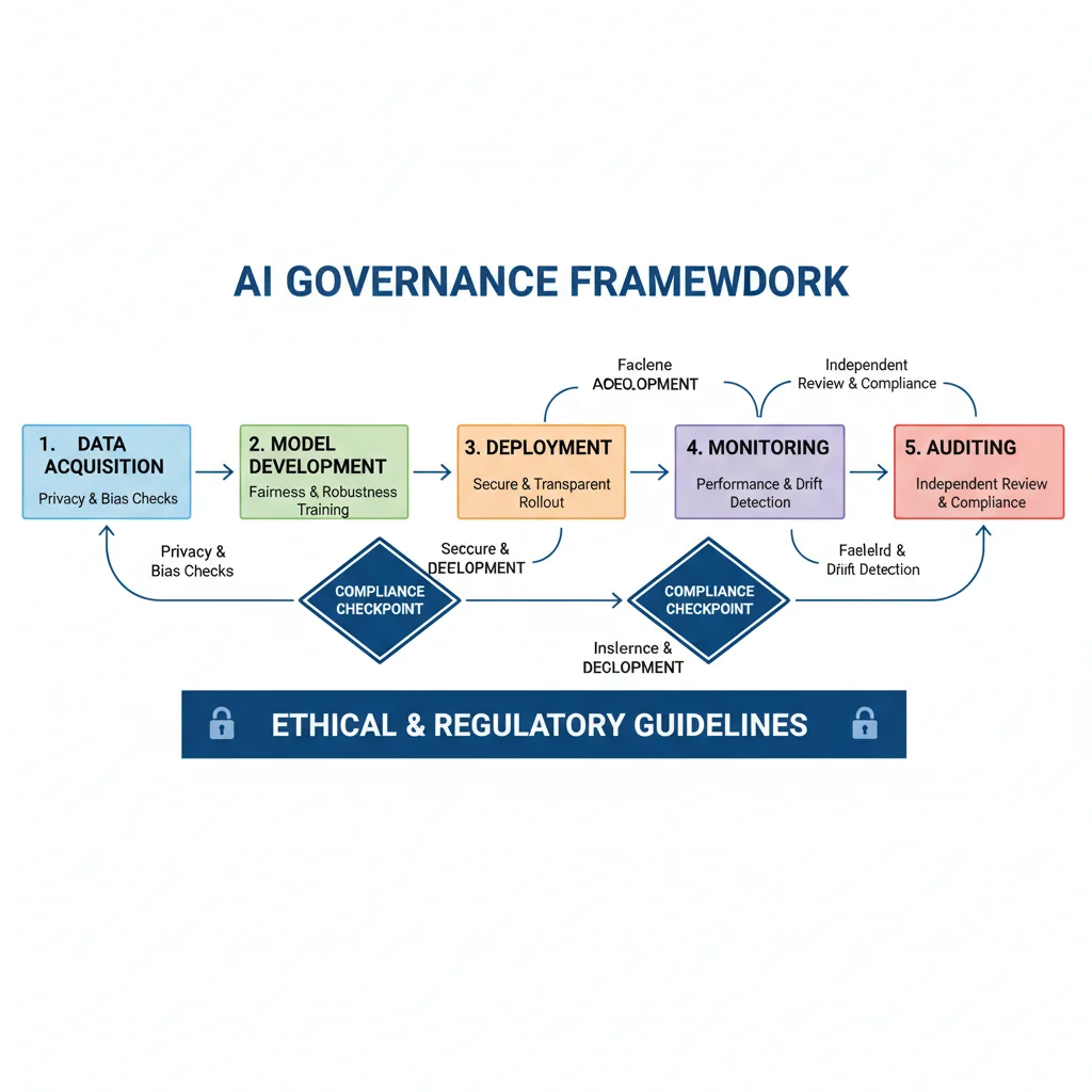 Flowchart depicting an AI governance framework and compliance stages