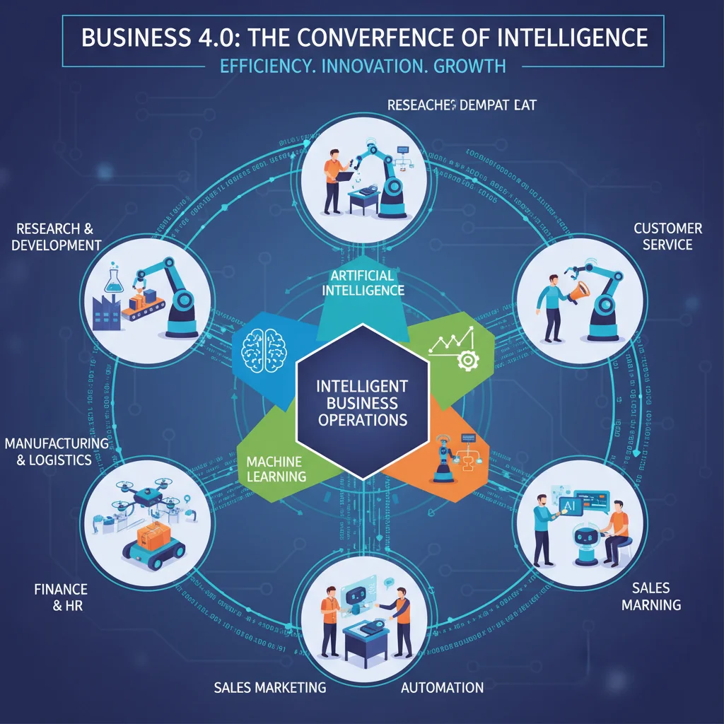 Infographic depicting AI integration in business operations for enhanced efficiency and innovation.