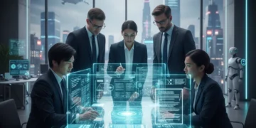 Business leaders analyzing AI policy and compliance documents projected holographically in a futuristic office.