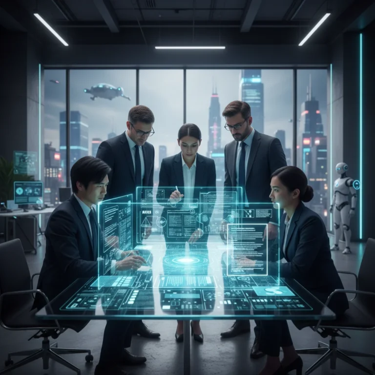 Business leaders analyzing AI policy and compliance documents projected holographically in a futuristic office.