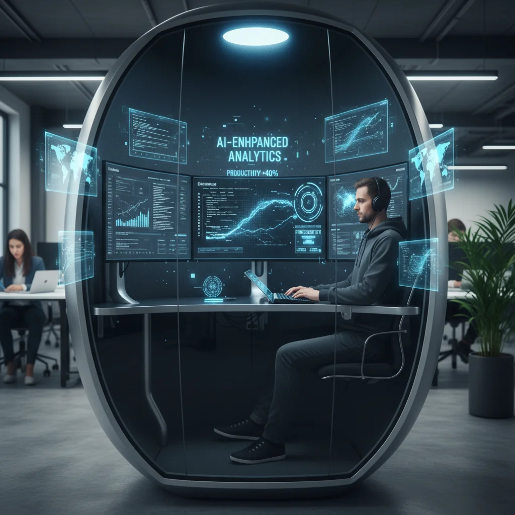 Data scientist working with AI tools, demonstrating enhanced individual productivity in a futuristic workspace.
