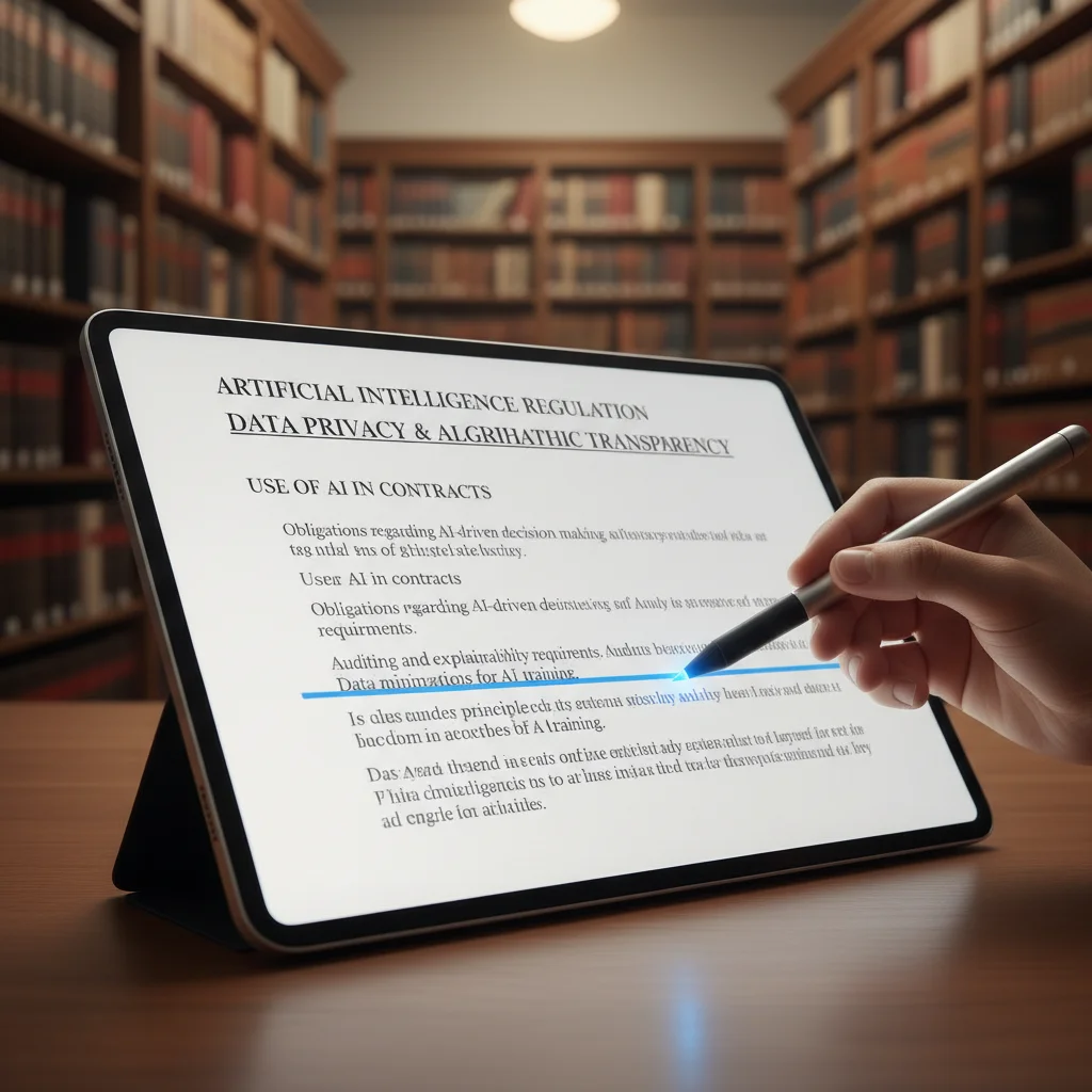 Digital pen highlighting AI regulatory clauses on a tablet, signifying legal review.