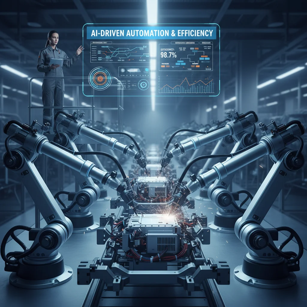 AI-driven robotic automation in a smart factory, enhancing operational efficiency and speed.