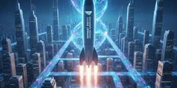 AI-powered rocket launching into a digital market, symbolizing accelerated startup market entry and growth.