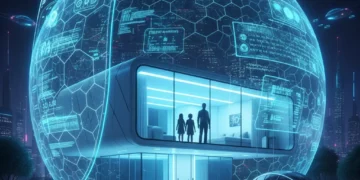 Futuristic smart home with AI-powered security shield and predictive analytics displays.