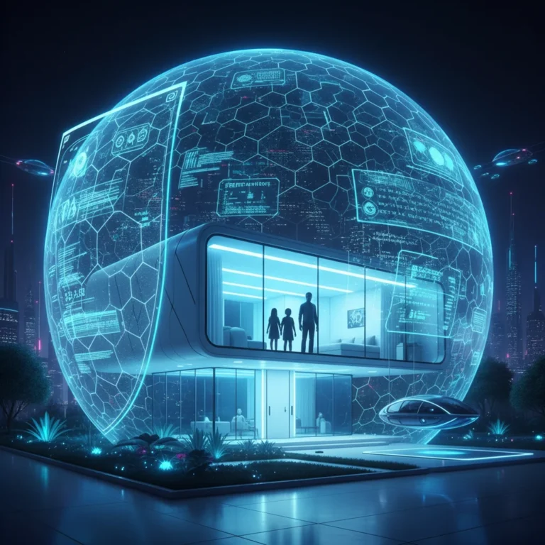 Futuristic smart home with AI-powered security shield and predictive analytics displays.