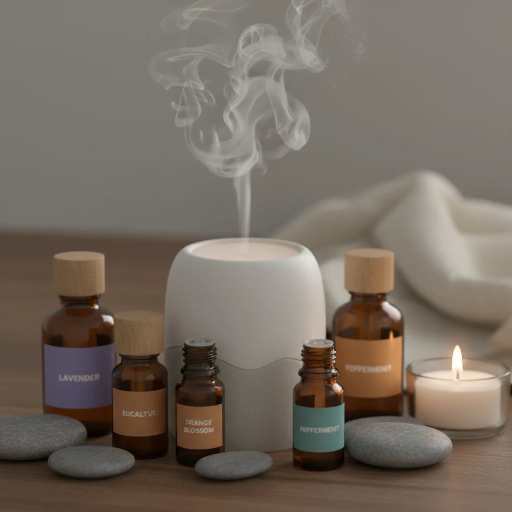 Aromatherapy diffuser with essential oils and candles for relaxation