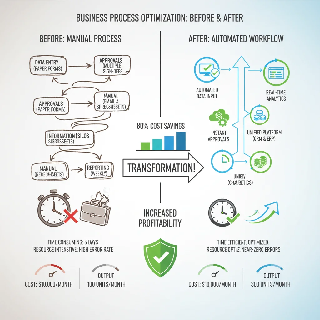 Infographic comparing manual and automated business processes, demonstrating time and cost savings.