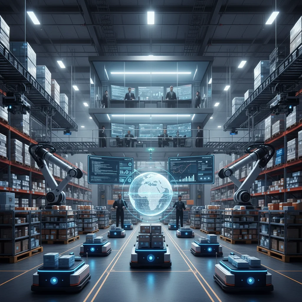 Automated warehouse with AI inventory management for real-time supply chain visibility.