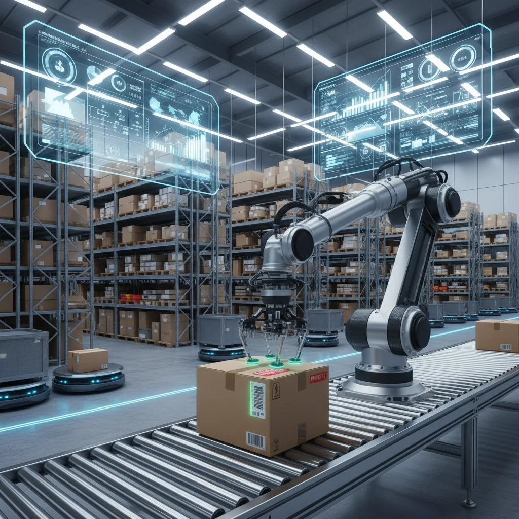 Automated warehouse operations with robotic arm and AGVs, demonstrating advanced supply chain automation.