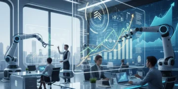 Achieve 25% Efficiency Gains: Automation for US Businesses by 2026 Robotic arms and AI interfaces collaborating with human workers in a modern US business office, symbolizing automation and efficiency.
