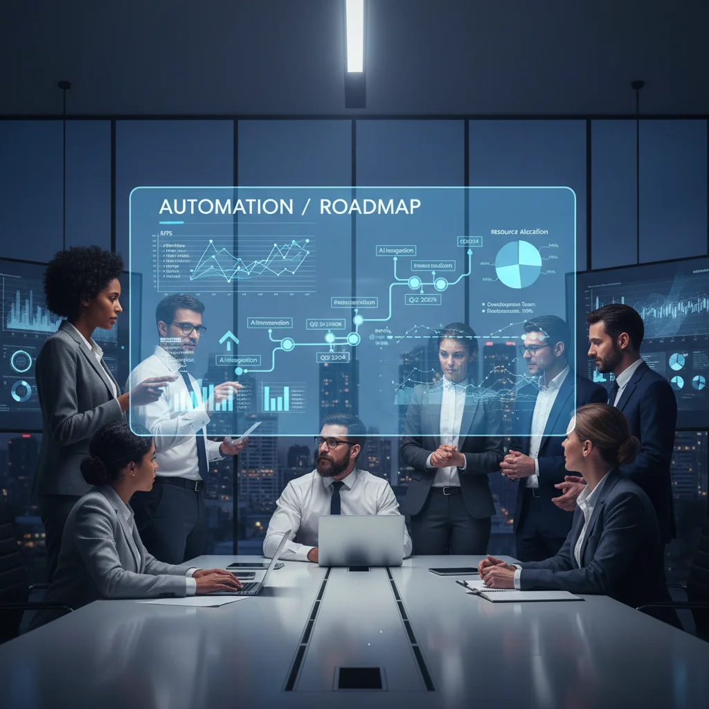 Business leaders and IT professionals collaboratively planning an automation roadmap with a holographic display.