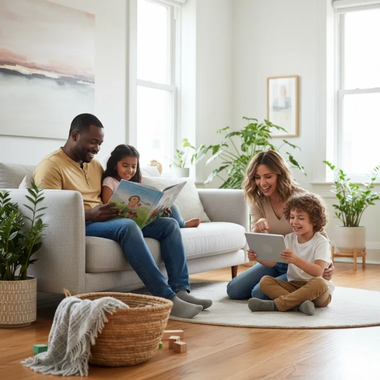 Family enjoying balanced screen time and offline activities at home