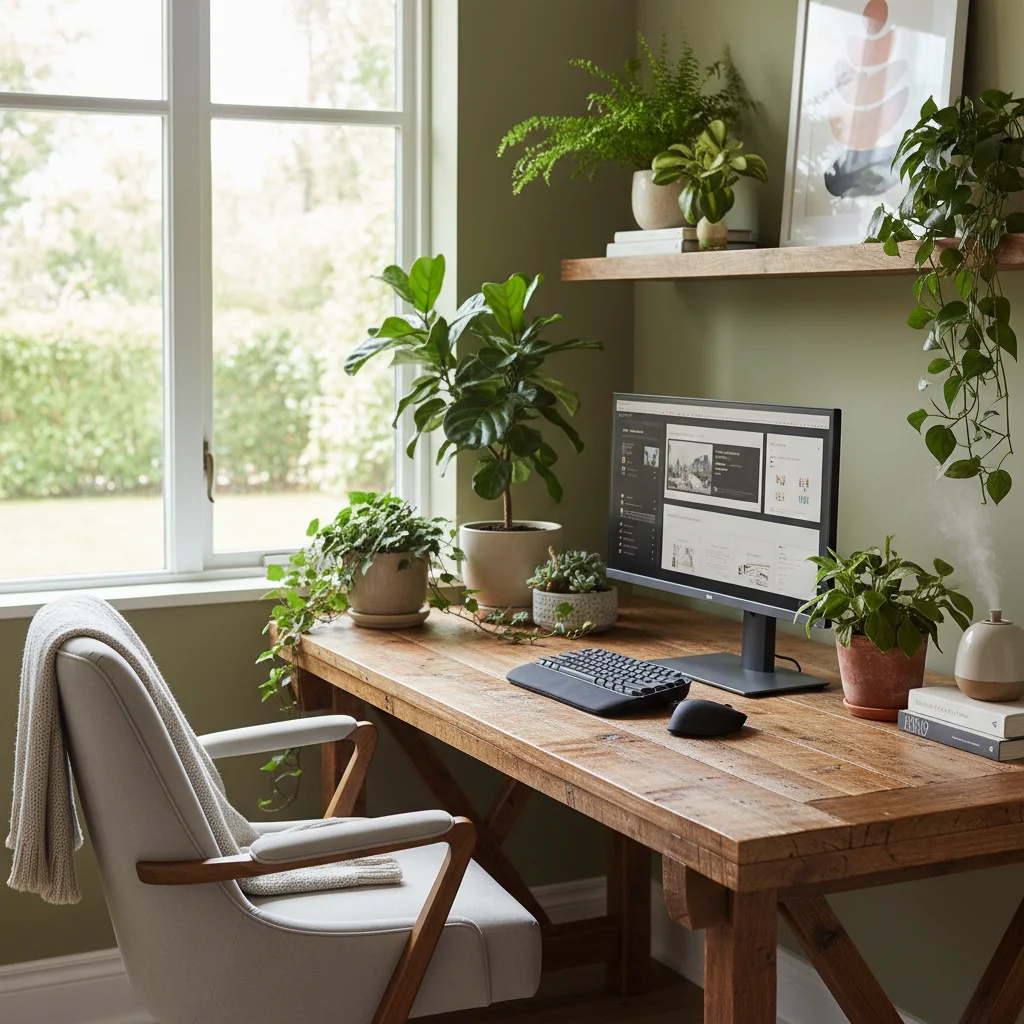 Home office with reclaimed wood desk, lush potted plants, and natural light, promoting focus and calm.