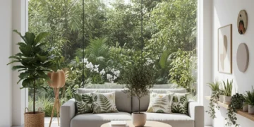 Biophilic Home Design: 4 Principles for Enhanced Well-being in 2026 Serene living room with large windows, lush garden view, and abundant indoor plants, embodying biophilic design principles.
