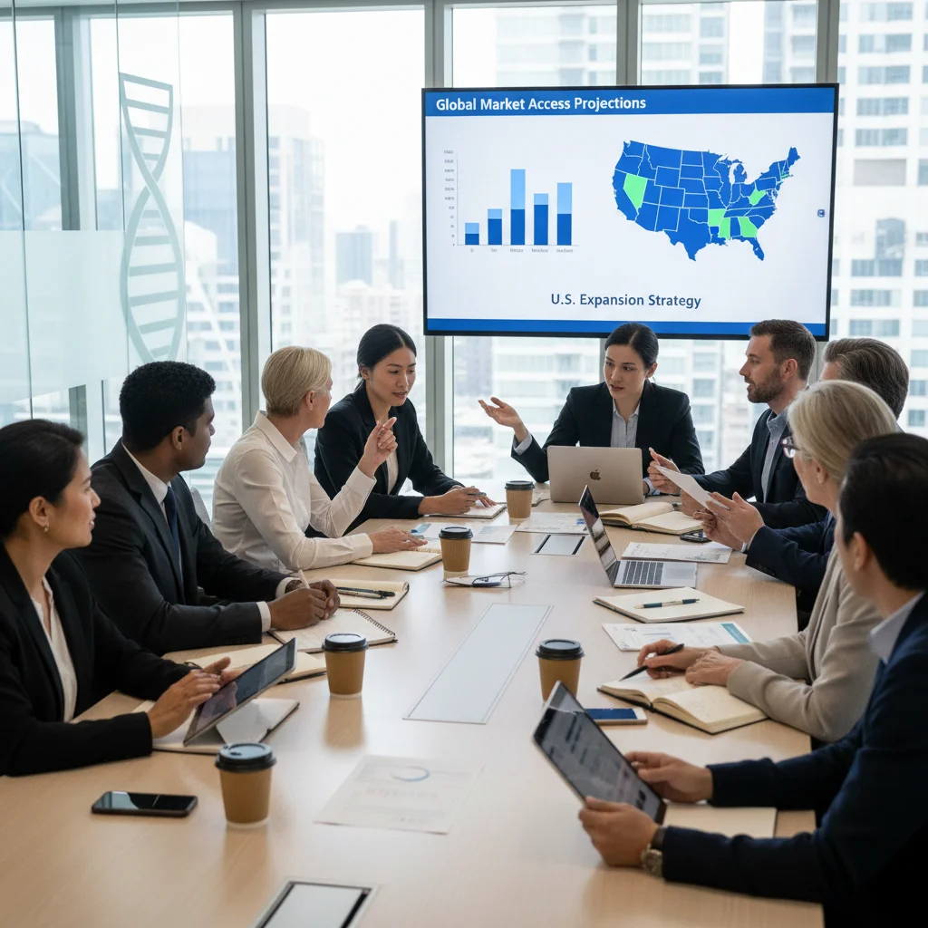 Biotech professionals collaborating on market access strategies and regulatory compliance