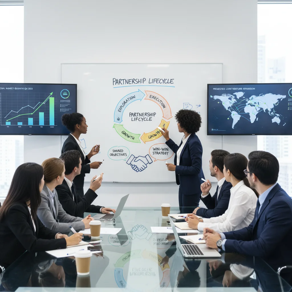 Business leaders collaborating in a meeting room, discussing partnership strategies and growth models.