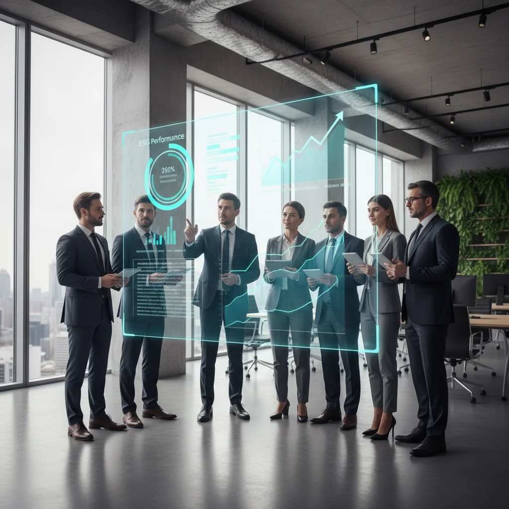 Business leaders analyzing ESG performance metrics and financial data for strategic decision-making.