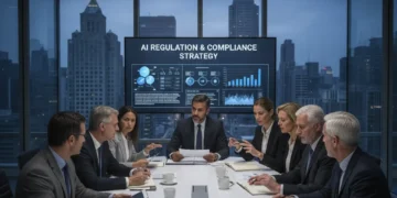 Business leaders discussing US AI regulatory compliance strategies