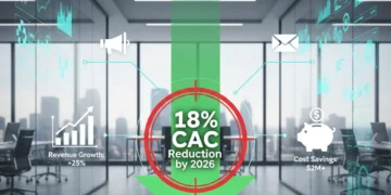 Infographic showing an 18% customer acquisition cost reduction goal by 2026 with business growth icons.