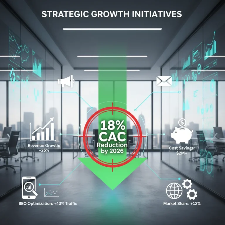 Infographic showing an 18% customer acquisition cost reduction goal by 2026 with business growth icons.