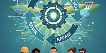 Sustainable Tech: U.S. Companies Cut Costs 10% by 2026 with Circular Economy Illustration of circular economy principles applied to sustainable technology for cost reduction.