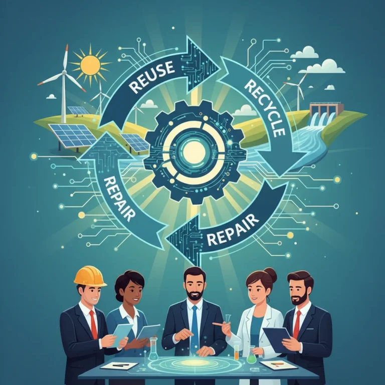 Illustration of circular economy principles applied to sustainable technology for cost reduction.