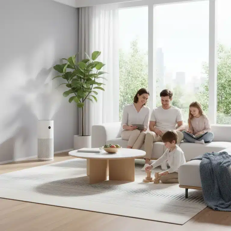 Family enjoying clean air in a modern home with advanced air purifier
