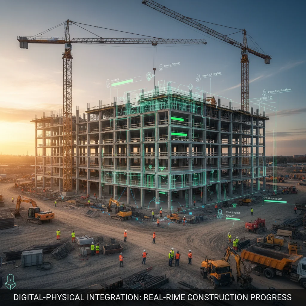 Construction site with digital twin overlay for real-time progress monitoring and delay reduction.