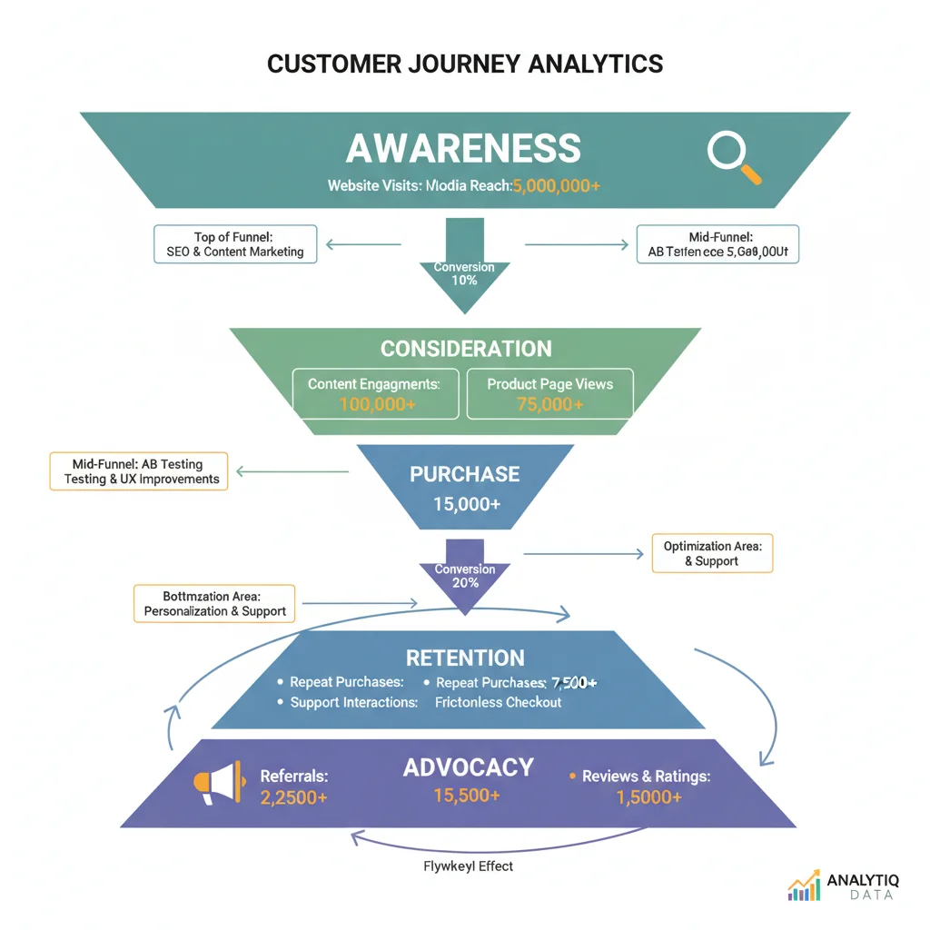 Customer journey funnel infographic with conversion rates and optimization points.
