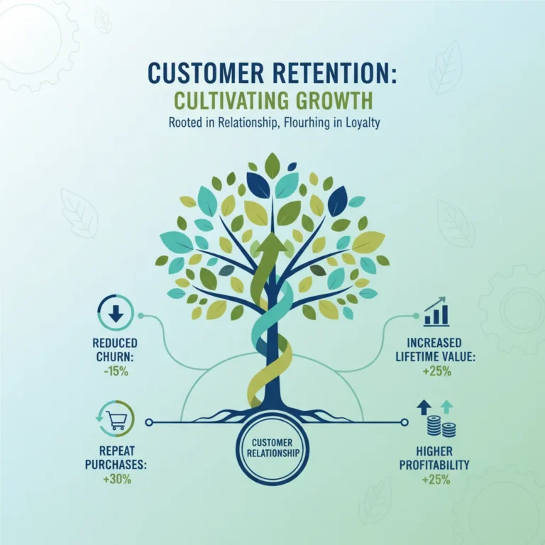 Infographic showing customer retention leading to business growth and reduced churn.