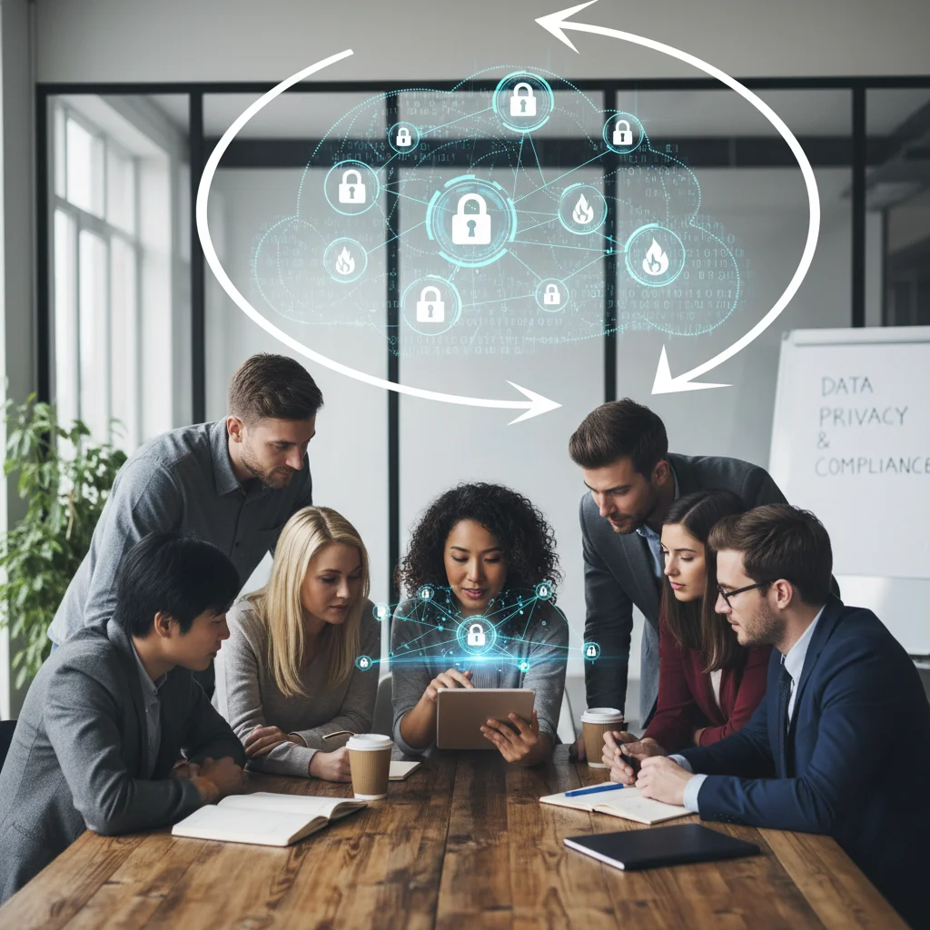 Small business team discussing new cybersecurity and data privacy regulations