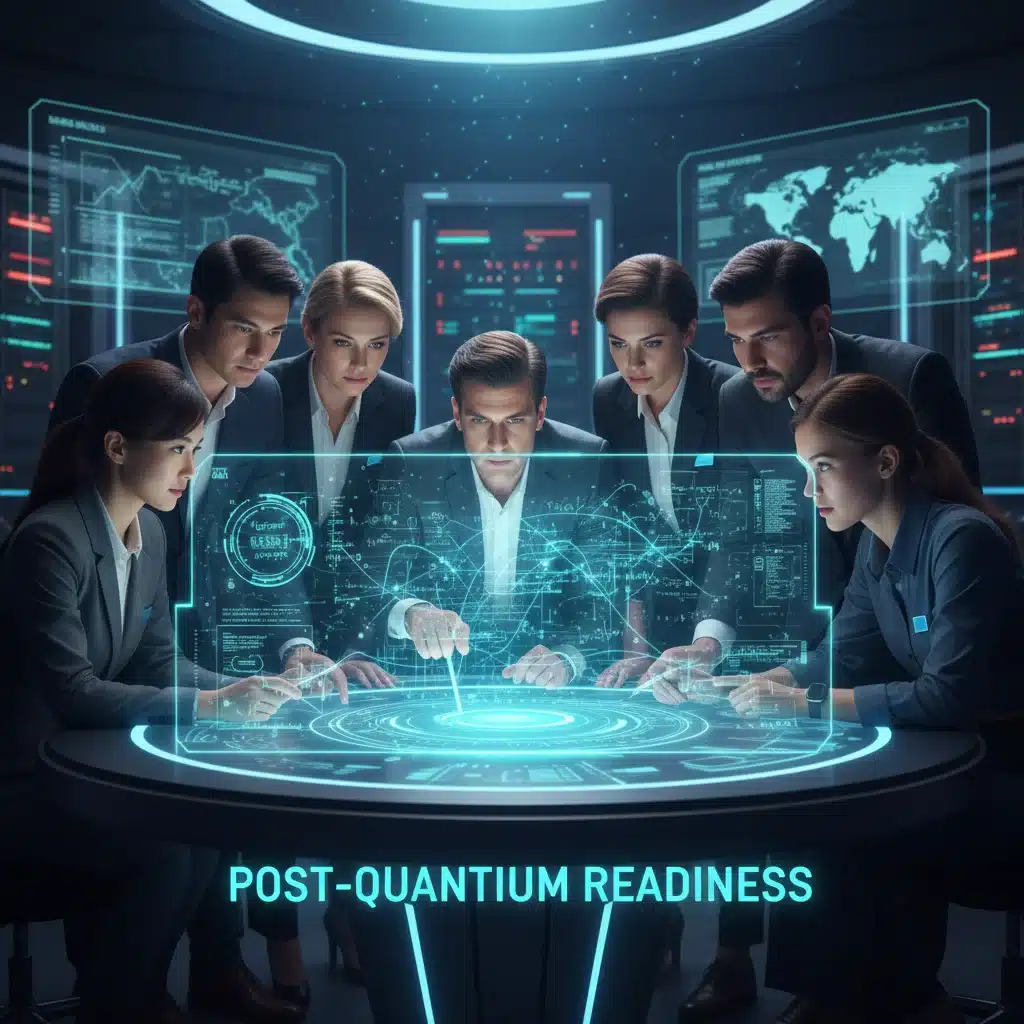 Cybersecurity team collaborating on post-quantum cryptographic solutions and strategies