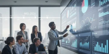 Team collaborating on data analysis for a 2026 analytics strategy roadmap