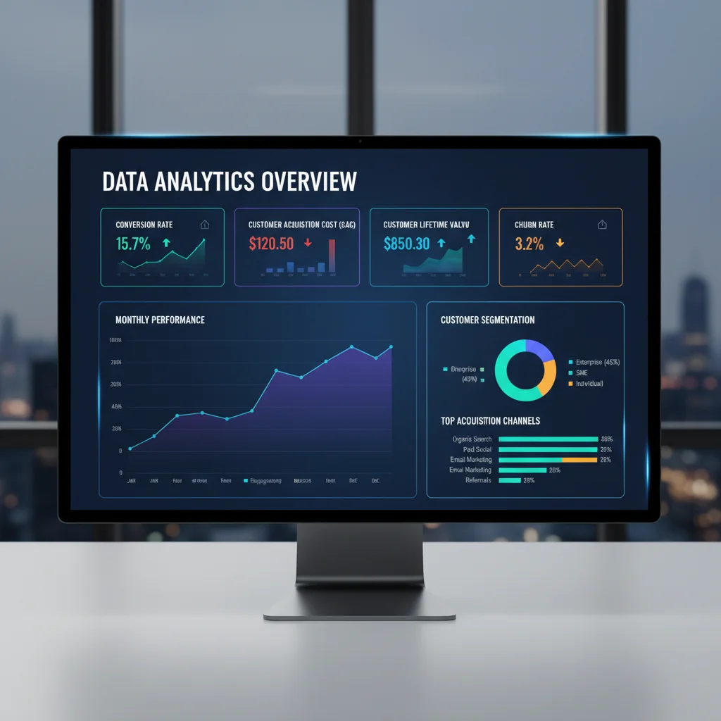 Data analytics dashboard showing key performance indicators for funnel optimization