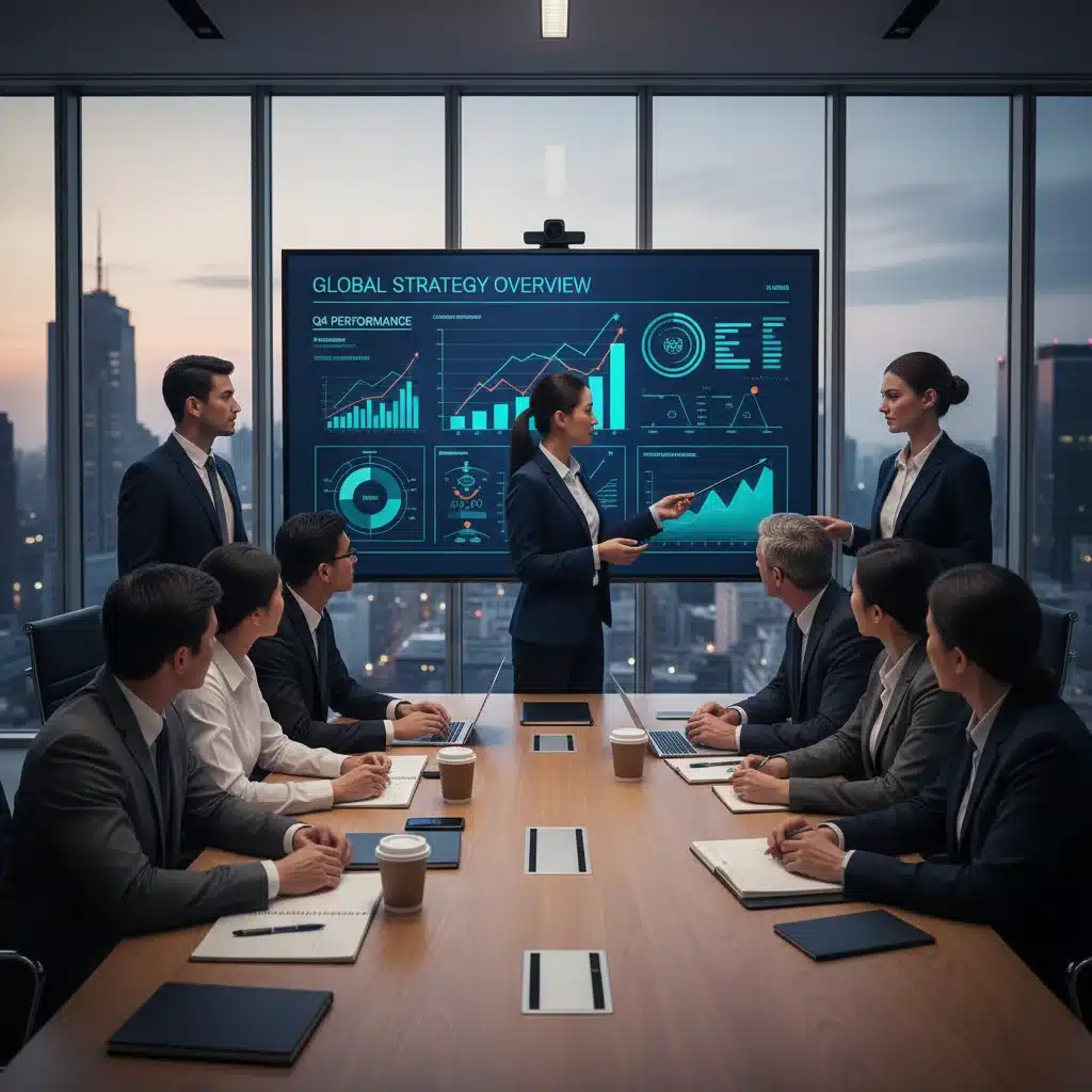 Business team analyzing data visualizations for strategic decisions