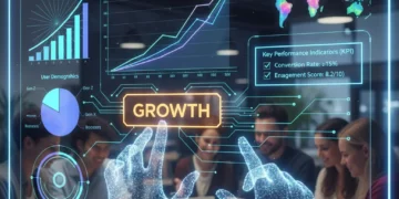 Data-Driven Decisions: Fueling User Base Growth with Analytics Digital dashboard with growth metrics and hands reaching for a growth button, symbolizing data-driven decisions for user growth.