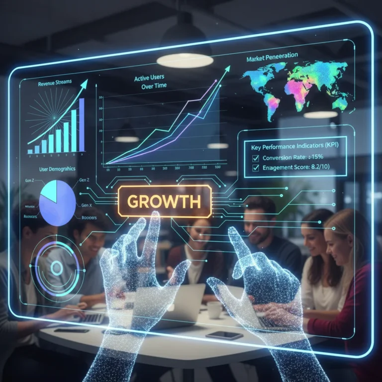Digital dashboard with growth metrics and hands reaching for a growth button, symbolizing data-driven decisions for user growth.
