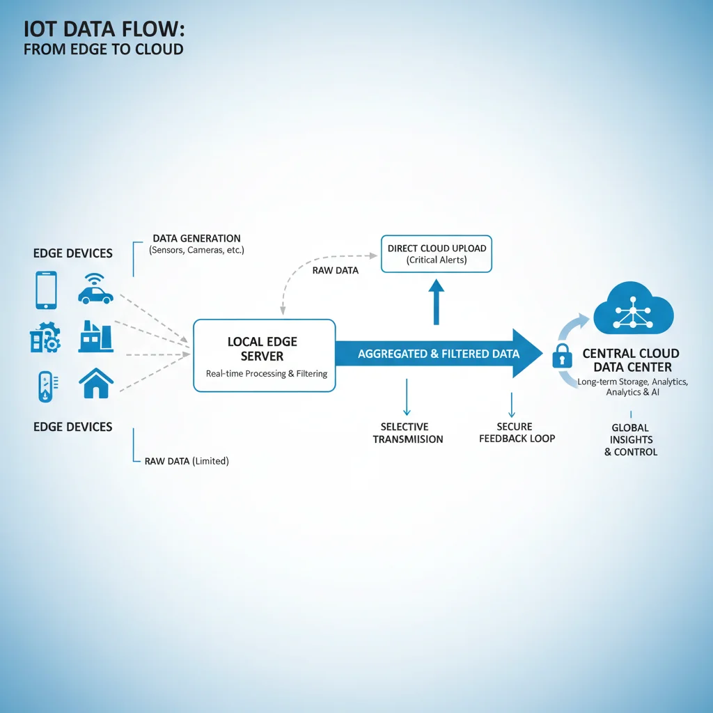 Infographic showing data flow from IoT devices to edge servers and cloud, illustrating edge computing architecture.