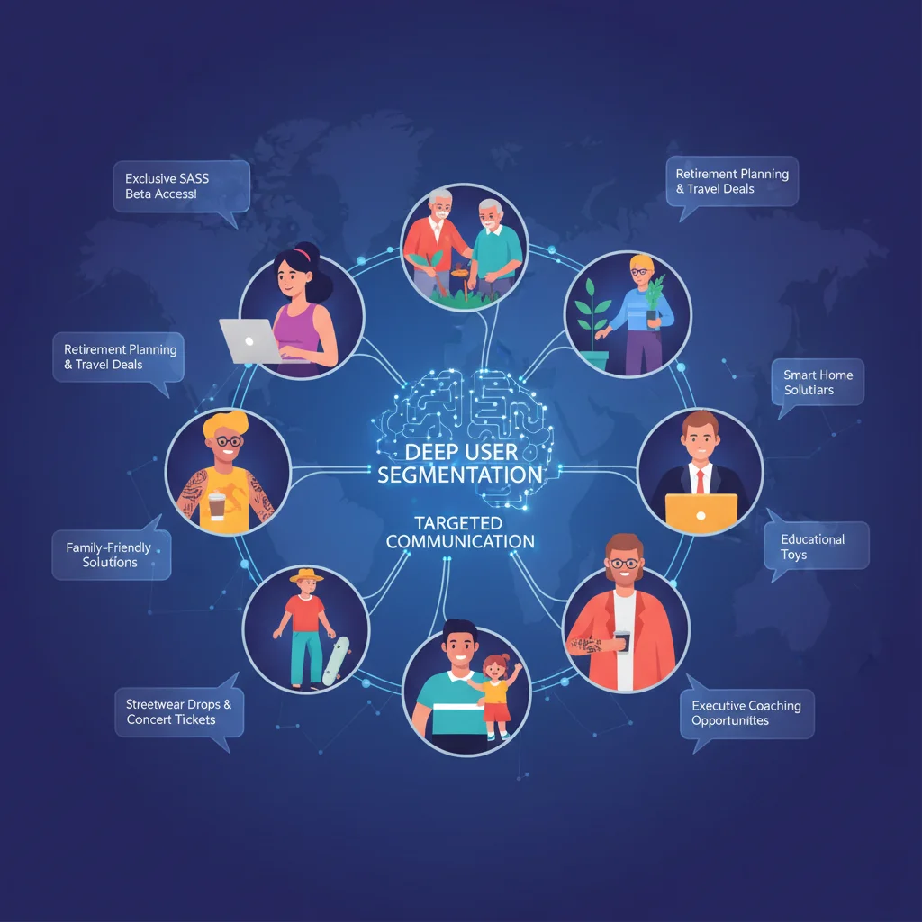 Diverse customer segments receiving personalized marketing messages based on data analysis.
