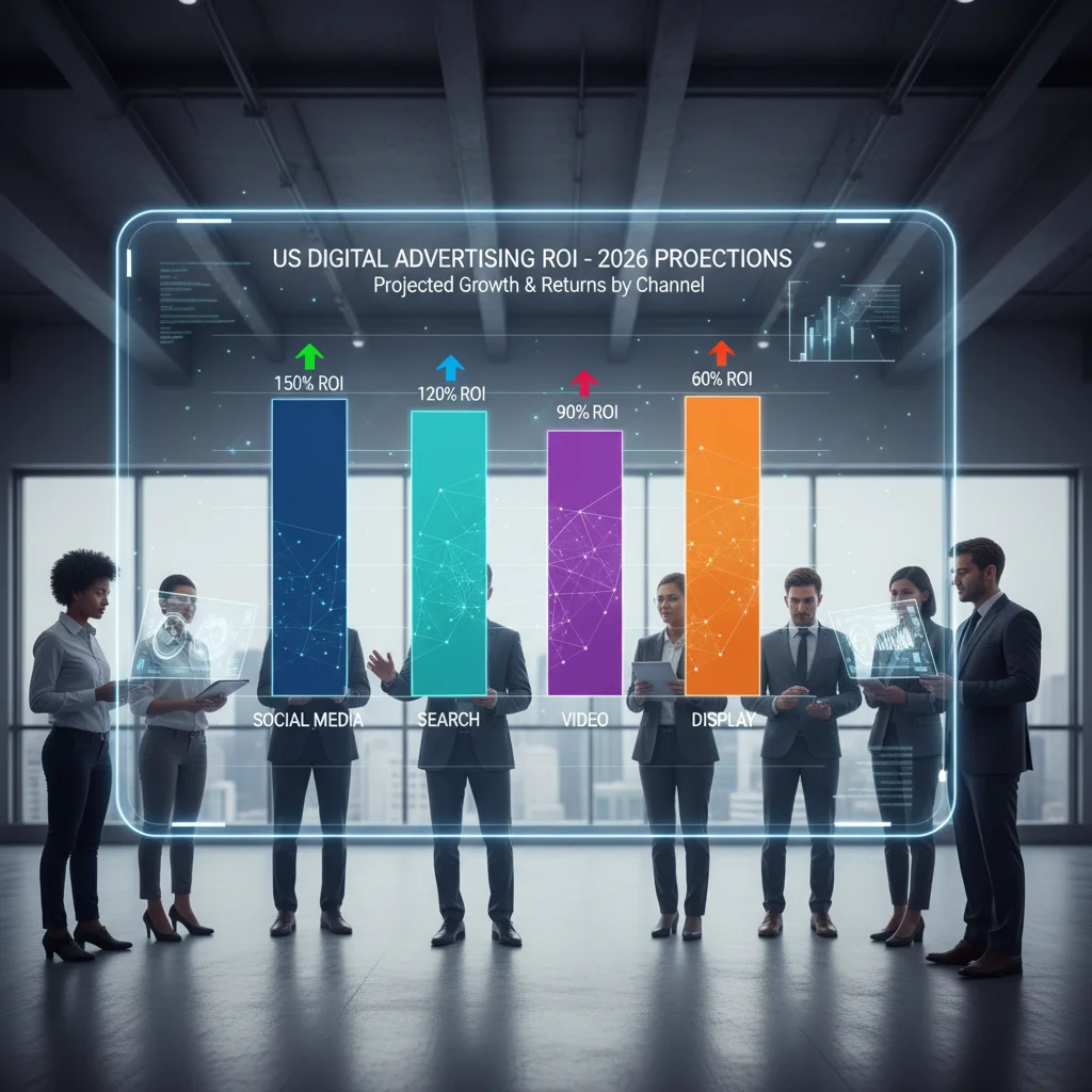 Data visualization comparing digital advertising channel ROI in the US for 2026, with marketers analyzing results.