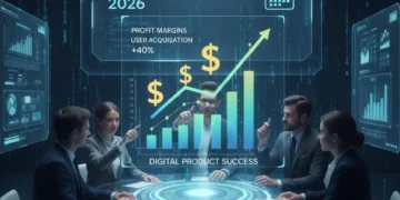 Achieving 40% Profit: Digital Product ROI Growth Strategy 2026 Digital product growth strategy with upward trend financial graphs and collaborative team.